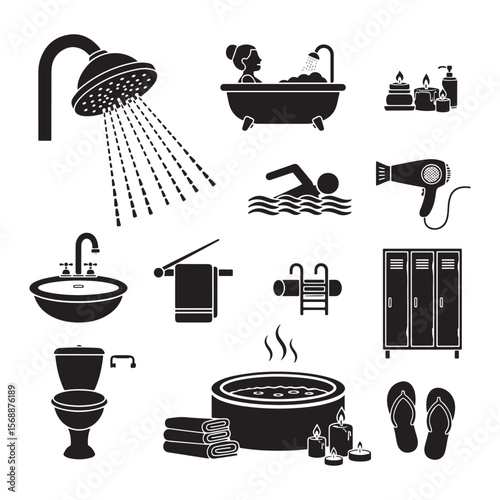 Shower bath swimming pool spa hot tub sink hairdryer towels lockers flip flops vector