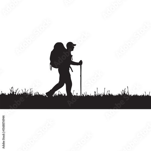 Silhouette hiker with backpack and walking stick traversing grassy terrain vector