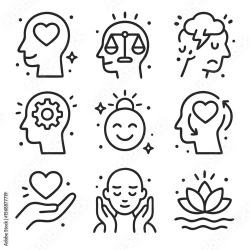 Mental health wellness icons for key concepts, suitable for mental health websites, presentations, counseling materials, and educational resources.