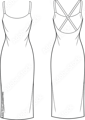 Elegant long bodycon dress fashion flat sketch with front and back view, strappy cross back, apparel technical design drawing flat vector illustration