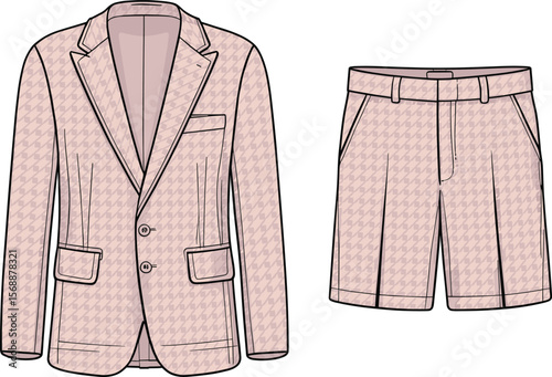 Fashion blazer and shorts flat sketch with houndstooth pattern, front view template for apparel design, garment mockup, and vector illustration