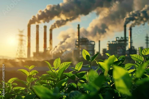 Trees and the blurred background of the factory, carbon credit.