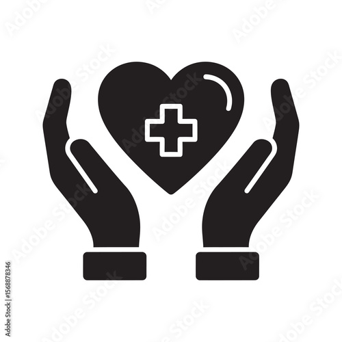 Healthcare services glyph icon showing a hand holding a coin with a medical cross for health insurance payment and medical cost vector solid