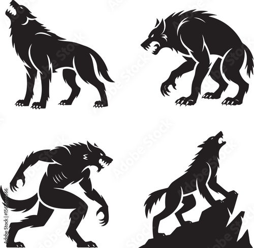 Set of Halloween Werewolves silhouette vector illustration isolated On Transparent Background