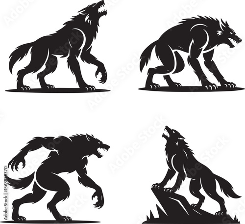 Set of Halloween Werewolves silhouette vector illustration isolated On Transparent Background
