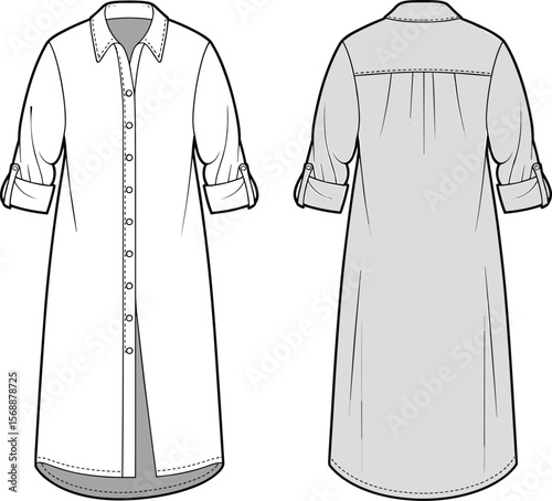 Flat fashion sketch of long shirt dress with rolled sleeves, button front, collar detail, back yoke, front and back view flat vector illustration