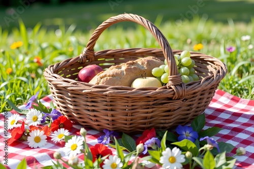 a Traditional Wicker Picnic Basket with a Checkered Picnic Blanket, Containing Simple Foods Like Bread and Fruits