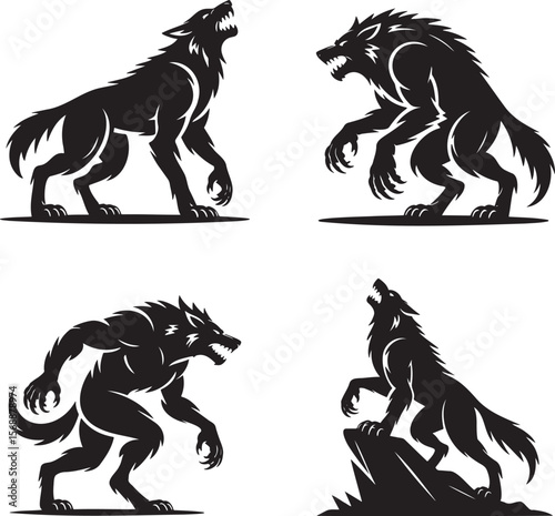 Set of Halloween Werewolves silhouette vector illustration isolated On Transparent Background
