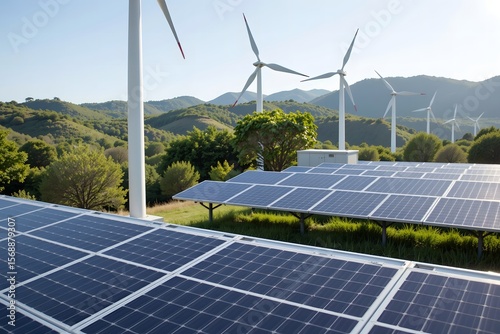 High-Resolution Digital Render of Multiple Wind Turbines Operating Under Sunlight, with Solar Panels Arranged in the Foreground, on a Blurred Green Rolling Hills or Expansive Blue Sky Background, Symb