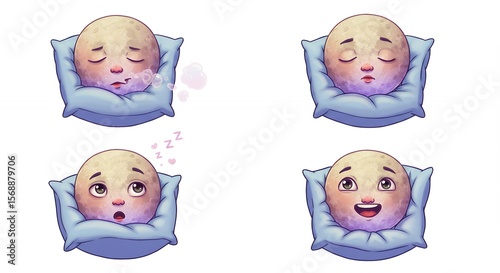 Cartoon head illustrations displaying emotions on pillows