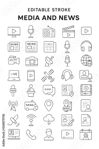 Media and News Line Art Vector Icon Set | Editable Stroke Communication Symbols