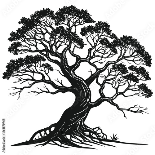 Majestic Bonsai Tree: Black and White Ink Drawing