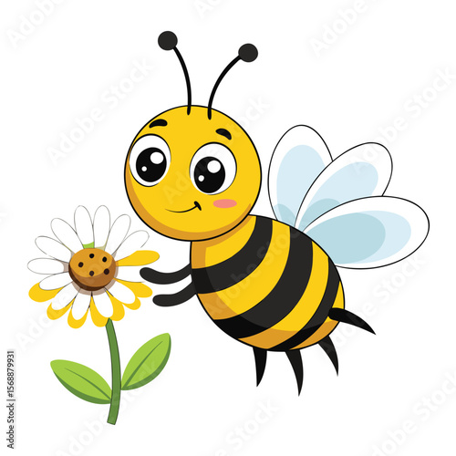 A friendly cartoon bumblebee collecting pollen, a symbol of nature, spring, and the pollination process.