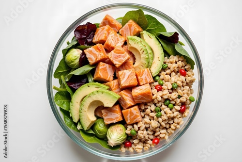  High-Resolution Flat Lay Photograph, Top-Down View, of a Transparent Glass Bowl Filled with Fresh, Colorful Healthy Salad, Composed of Various Chopped Vegetables , Protein Healthy Fats , and Grains, 