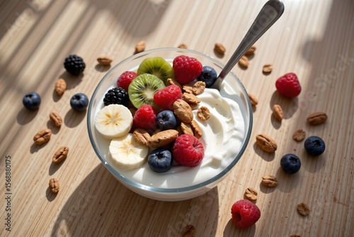  High-Resolution, Razor-Sharp Photograph, Top-Down View, of a Transparent Glass Breakfast Bowl Filled with Yogurt, Fresh Fruits, and Granola, with a Small Amount of Scattered Fruits and Nuts Beside 