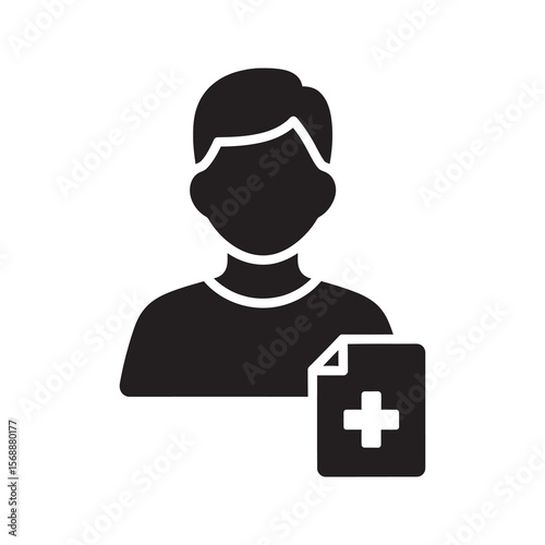 Patient record glyph icon showing a person avatar next to a medical document for personal health information and clinical history file vector solid