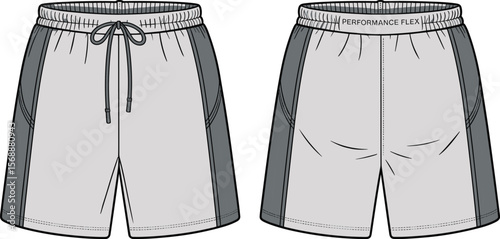 Flat sketch of performance athletic shorts with drawstring waist, side panels, front and back view, technical activewear design illustration flat vector illustration