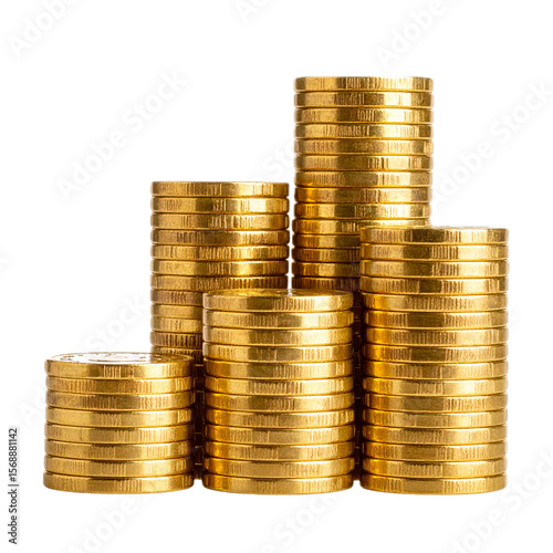 stacks of gold coins isolated on white or transparent png