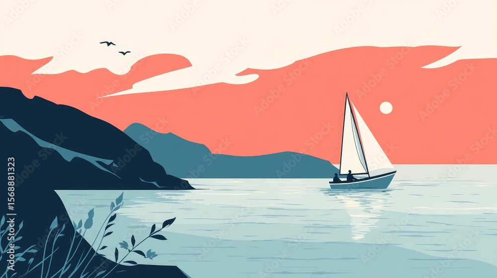 Fototapeta premium A sailboat is sailing on a lake