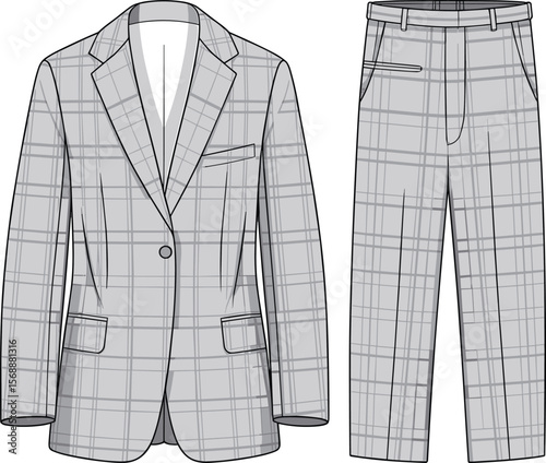 Flat sketch of plaid men’s suit set with blazer and pants, lapel collar, welt pockets, technical drawing, fashion illustration flat vector illustration