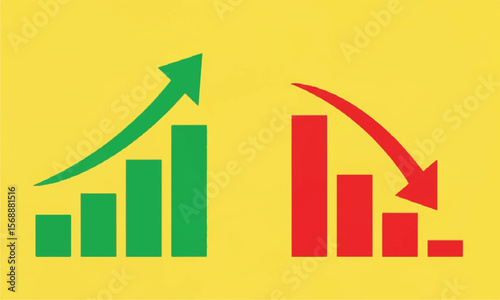 Rising and falling bar charts with arrows on yellow background