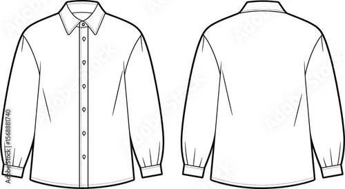 Flat vector sketch of puff sleeve button-up shirt with collar, front and back view, technical fashion drawing for design template flat vector illustration
