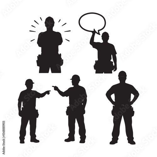Silhouettes of men in work attire with various poses and a speech bubble workers construction