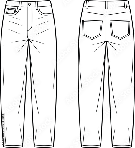 High waist loose fit denim jeans flat sketch, front and back view, fashion technical drawing for apparel design and clothing production flat vector illustration