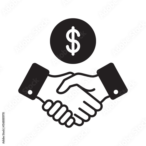 Investment deal glyph icon with a handshake and dollar coin for business partnership financial agreement and successful negotiation vector solid