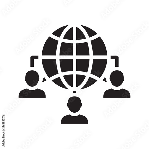 Global team solid icon with a world globe and connected people for international business network remote work and worldwide collaboration vector glyph