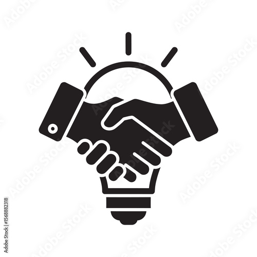 Creative partnership glyph icon with a handshake forming a lightbulb for innovative business idea collaboration and smart solution deal vector solid