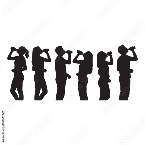 Silhouettes of people drinking from bottles group