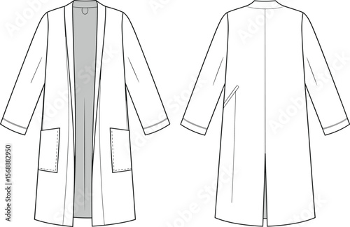 Long sleeve open front coat flat sketch, technical fashion drawing, minimalist outerwear design for women's clothing and apparel templates flat vector illustration