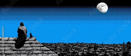 A solitary figure and a black cat sit on a rooftop overlooking a city skyline under a full moon