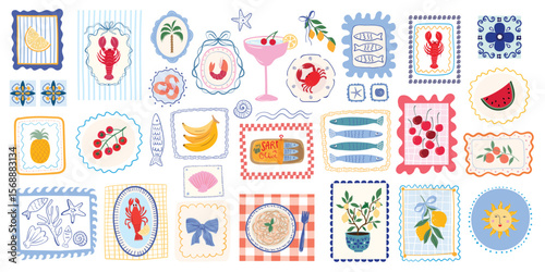 Summer Mediterranean elements collection, Italian food and marine frames, stamps, posters, retro style, aesthetic vector illustration