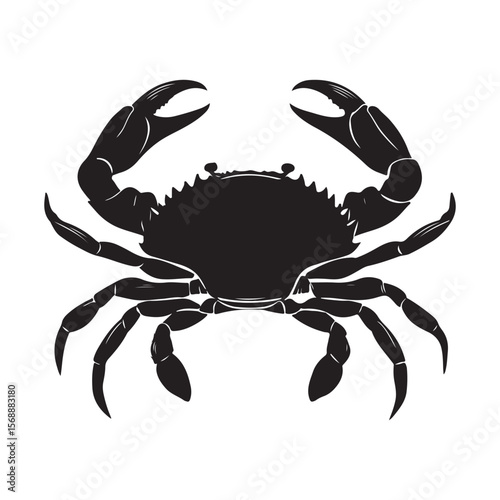 Sea crab silhouette isolated, Vector illustration, Black silhouette of a crab with detailed claws and shell, perfect for marine-themed designs