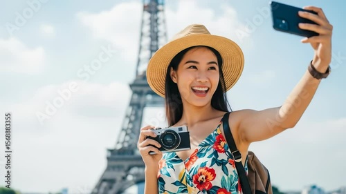 Asian woman traveler taking selfie photo with Eiffel Tower, summer vacation trip to Paris, France footage.
