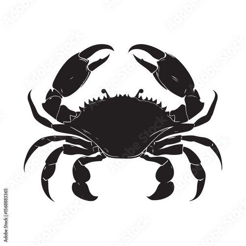 Sea crab silhouette isolated, Vector illustration, Black silhouette of a crab with detailed claws and shell, perfect for marine-themed designs