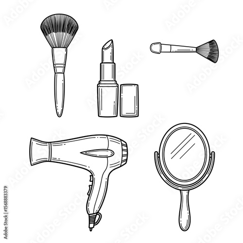 Hand-drawn Makeup and Hair Styling Tools Brushes, Lipstick, Hair Dryer, Mirror