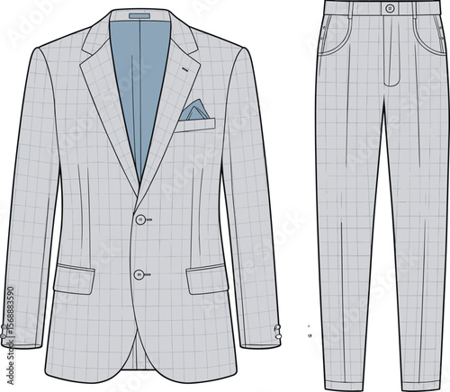 Men’s formal suit flat sketch featuring blazer and trousers, vector fashion template for apparel design, technical drawing, garment illustration flat vector illustration
