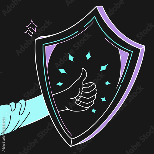 Minimal glowing outline of shield with thumbs-up gesture  