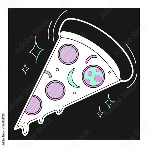Slice of pizza with colorful toppings and shining elements on black background  