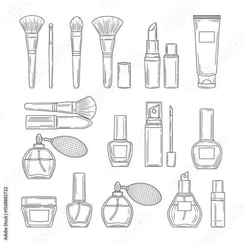 Makeup Brushes, Lipsticks, and Beauty Products A Collection of Hand-Drawn Illustrations