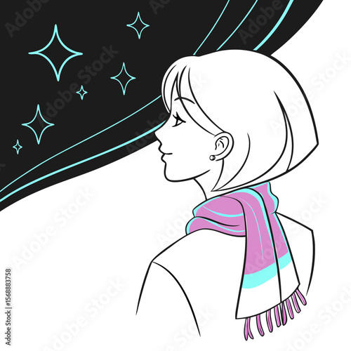 Young woman with short hair wearing a scarf looking at stars  
