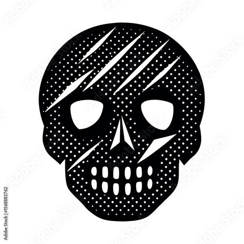 stylized skull with halftone linocut dashes