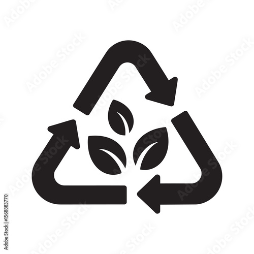 Eco friendly recycling icon with green leaf symbol for biodegradable material and environmental conservation promoting sustainable packaging and nature care vector solid glyph