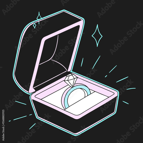 Velvet ring box with diamond ring glowing against black background  