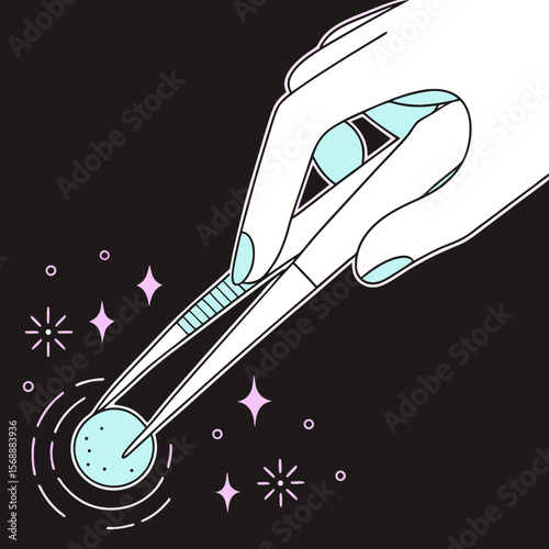 Hand holding tweezers with glowing outline on black background  