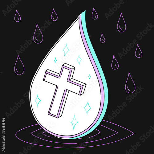 Water drop with a cross symbol in glowing outline style  