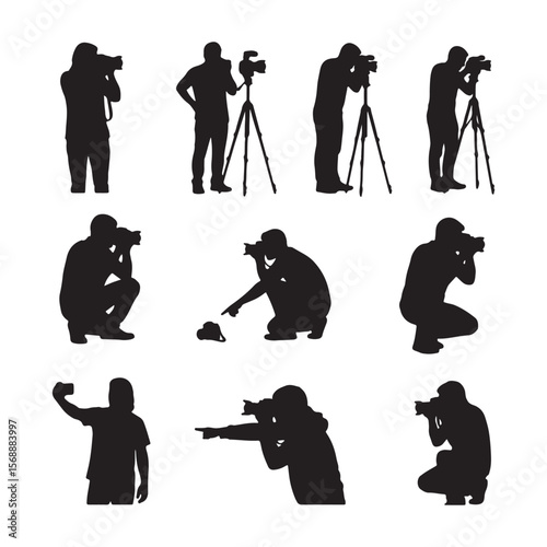 Silhouettes of photographers capturing moments with cameras and tripods in various poses action
